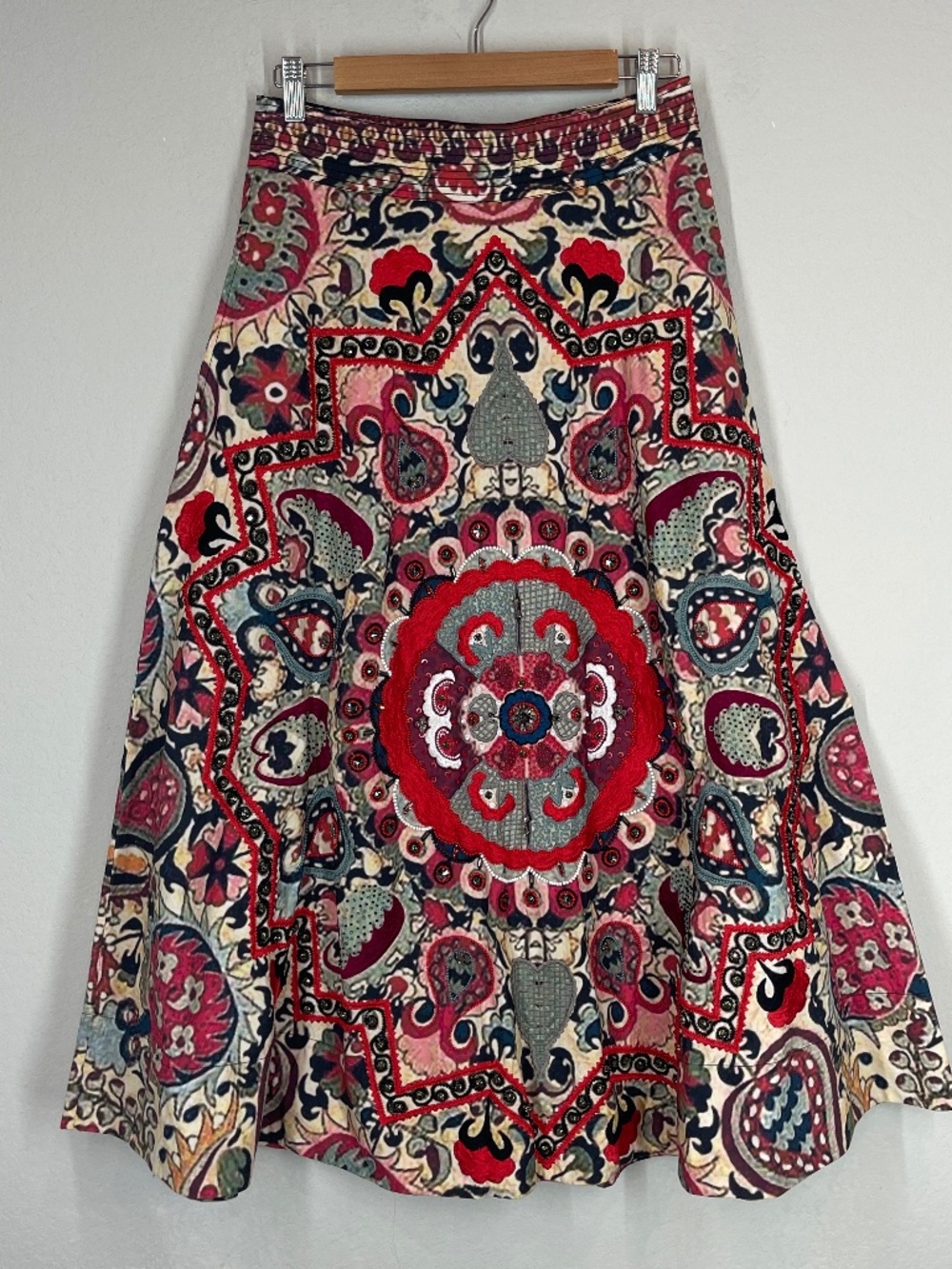 Figue Isla Printed Maxi Skirt Women's Size 8 Boho Mandala Embroidered Beaded